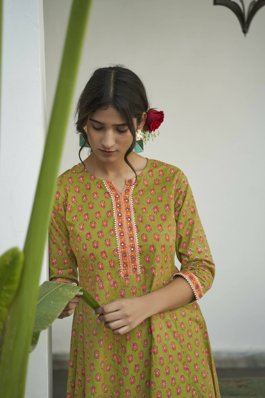 Green Cotton Floral Printed A line Kurta - Prasuti