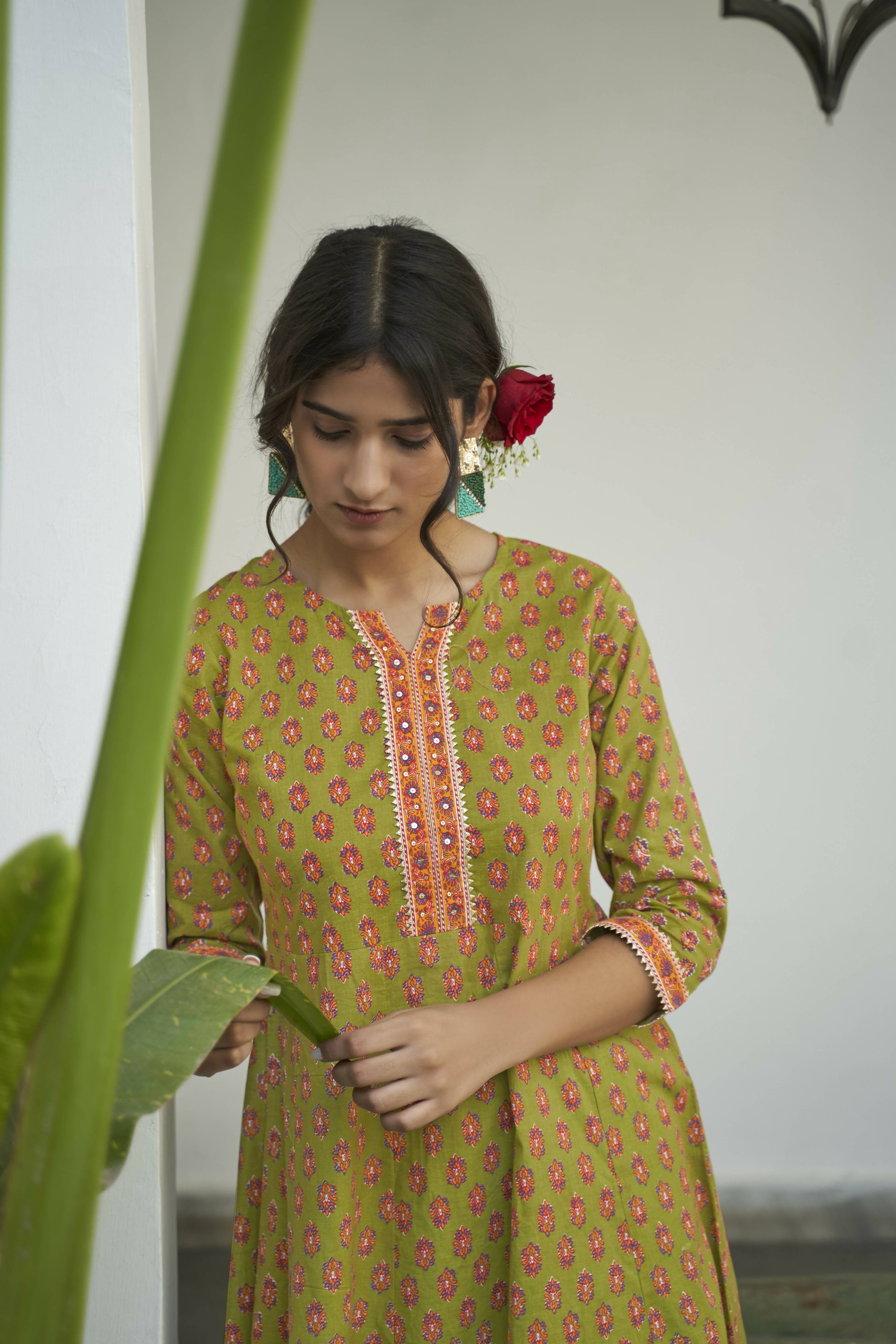 Green Cotton Floral Printed A line Kurta - Prasuti