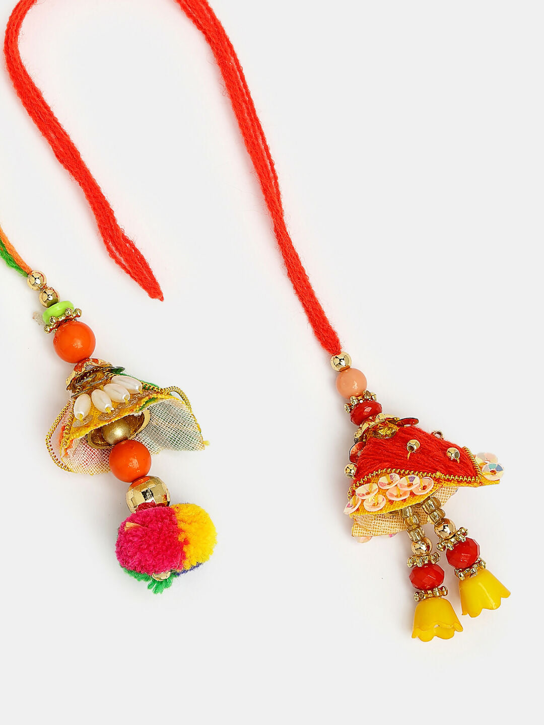 NVR Women Set of 2 Red Beaded Lumba Rakhi With Roli Chawal & Chocolate