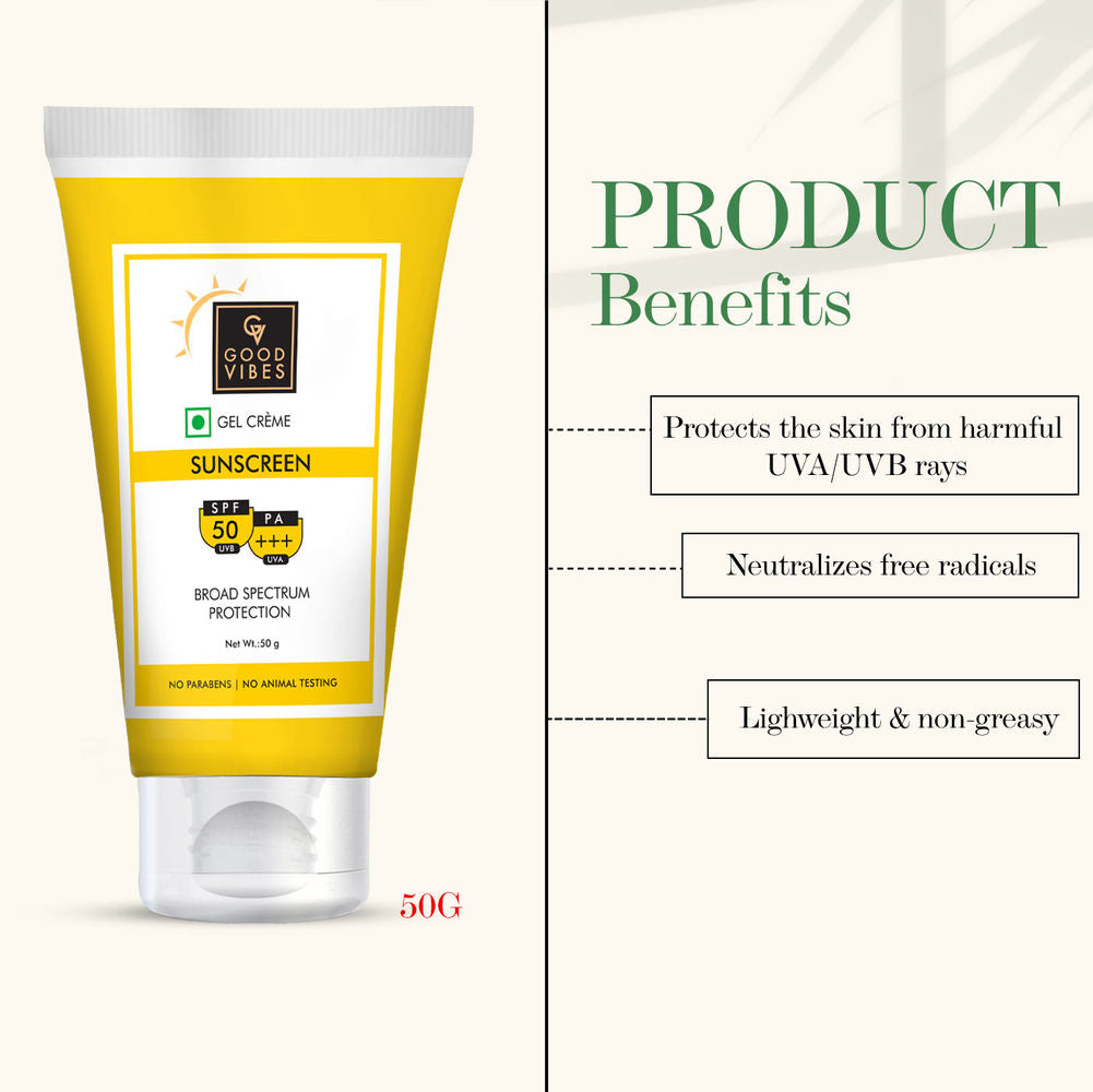 Good Vibes UVA & UVB Protection SPF 50 PA+++ Broad Spectrum Gel Creme