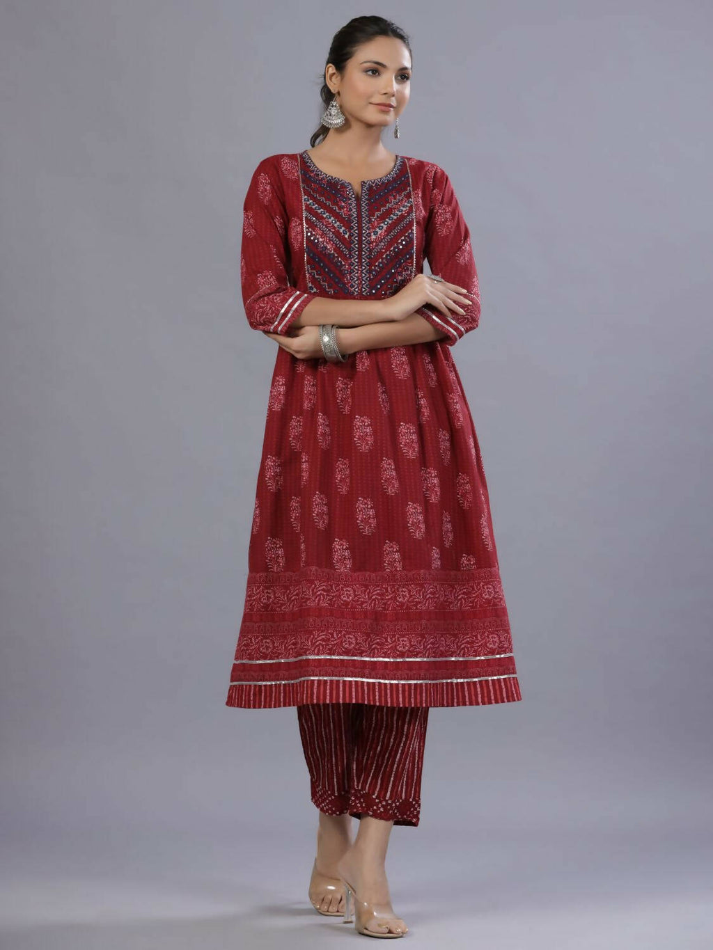 Juniper Women Maroon Cotton Cambric Batik texture Printed Kurta, Pants and Dupatta Set