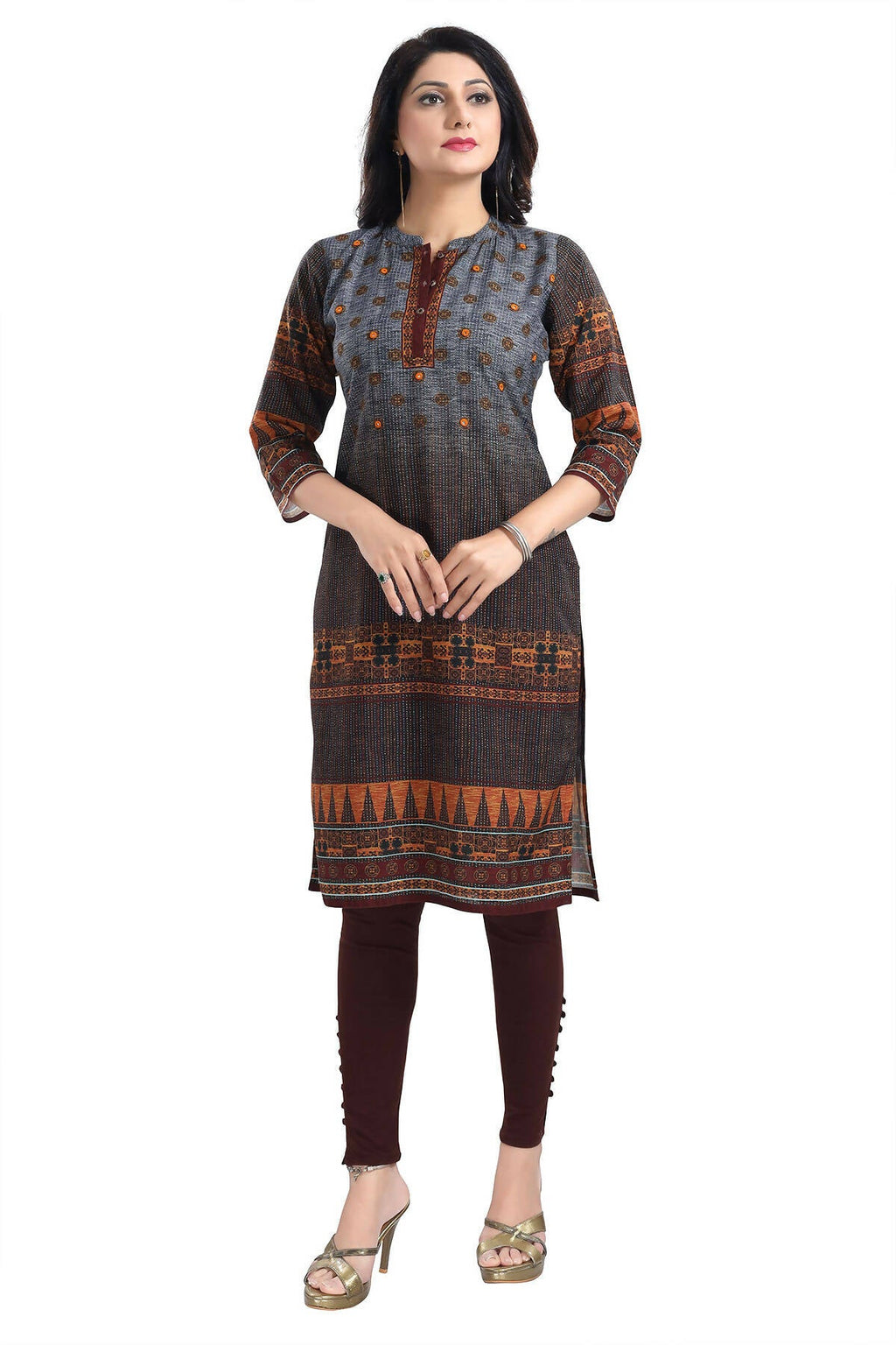 Snehal Creations Beautiful Brown Designer Print Cotton Slub Long Kurti Tunic