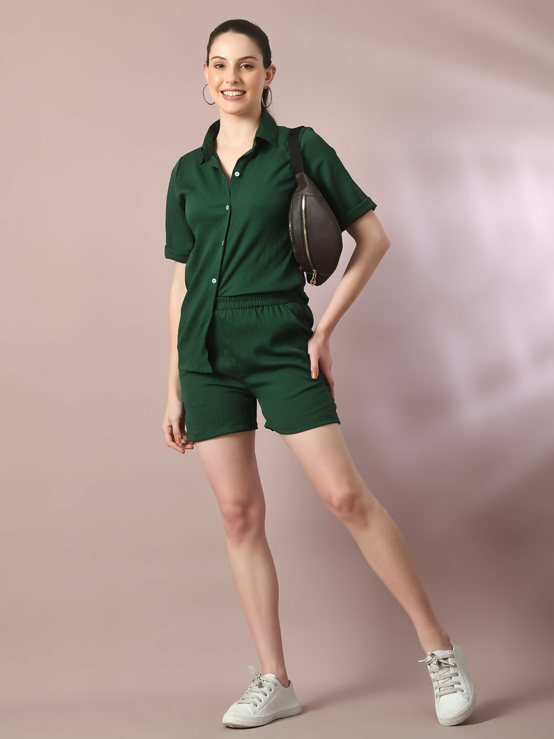 Myshka Women's Green Solid Shirt Collar Party Shirt With Shorts Co-ord set