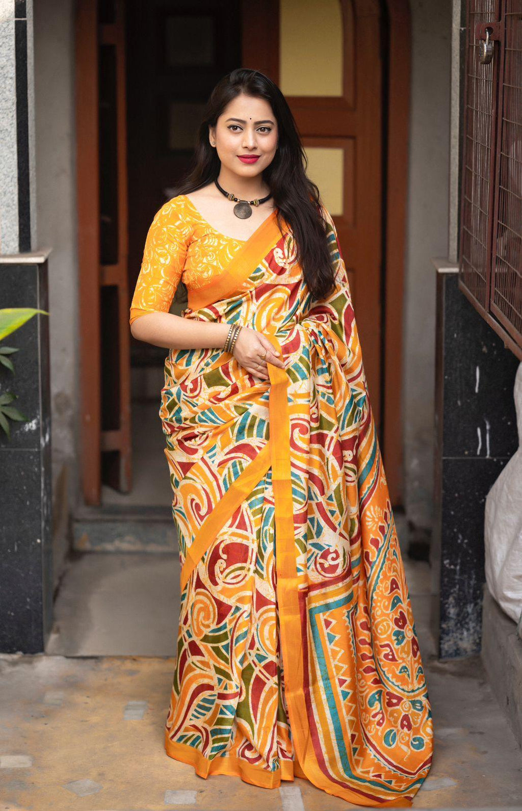 Mustard Cotton Crepe Batik Print Saree with Unstitched Blouse - Hiral Fashion
