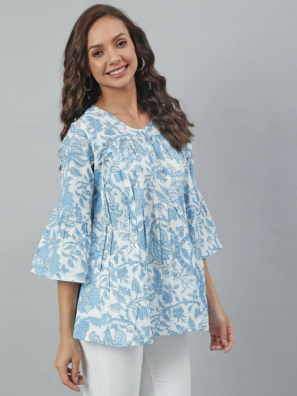 Janasya Women's White Cotton Floral Print Tiered Top