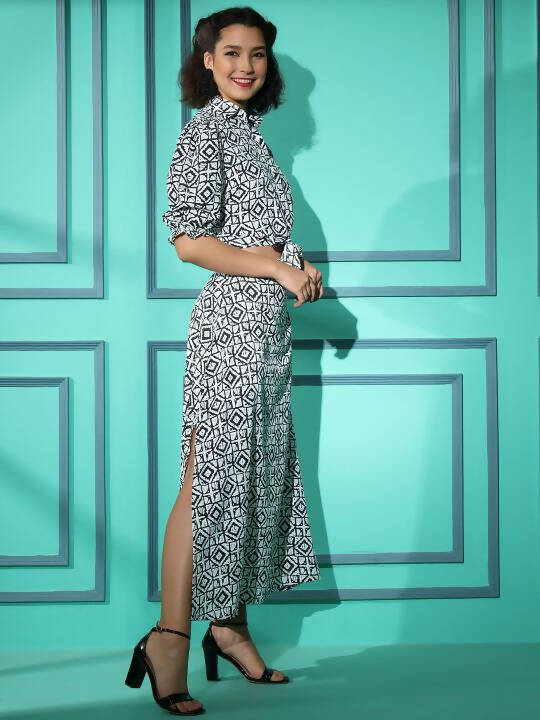 White Crepe Geometric Printed Top with Matching Skirt - Shivani