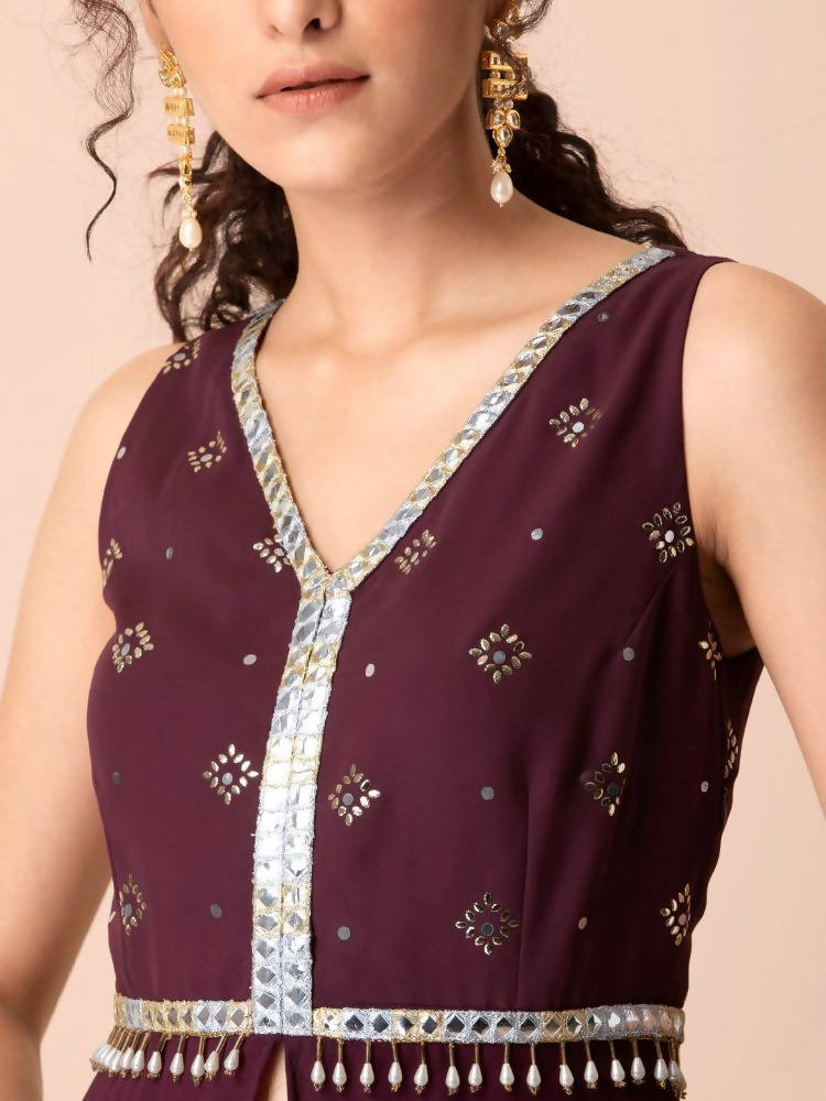 Indya Women Purple & Gold-Toned Embellished Ruffled High Slit Kurta
