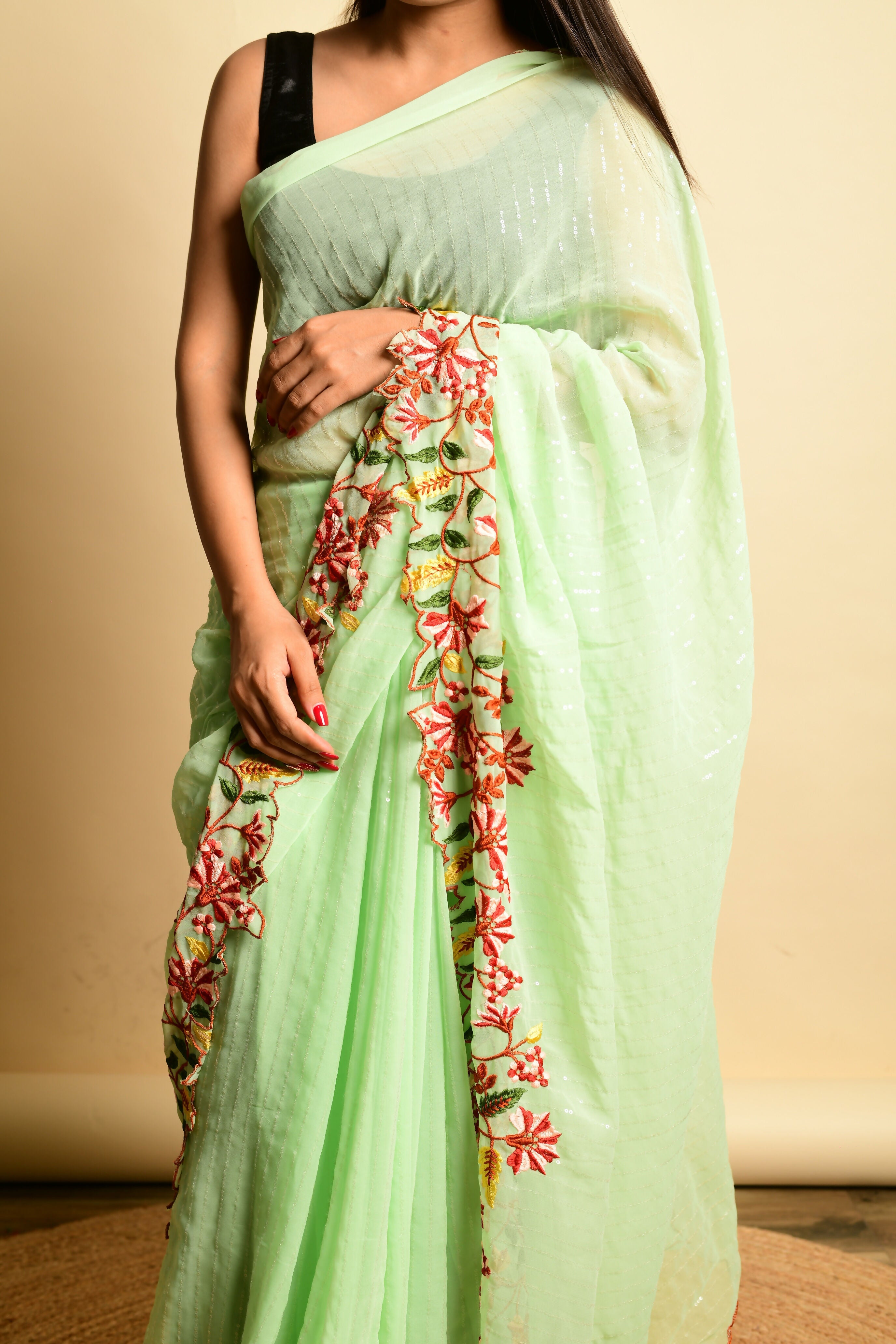 Vamsee Sparkle Sparkle -Green Georgette Saree