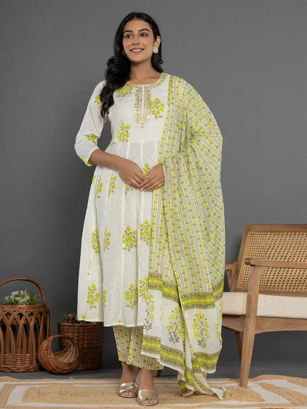 Yufta Green & White Gota_Patti Cotton Anarkali Kurta Dupatta Pant Set