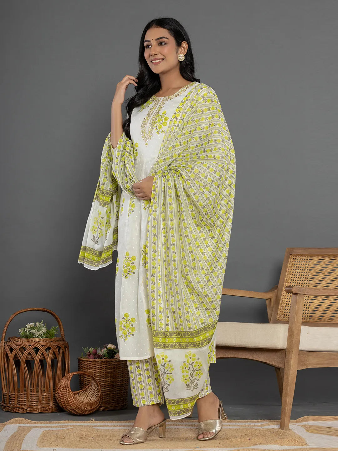 Yufta Green & White Gota_Patti Cotton Anarkali Kurta Dupatta Pant Set