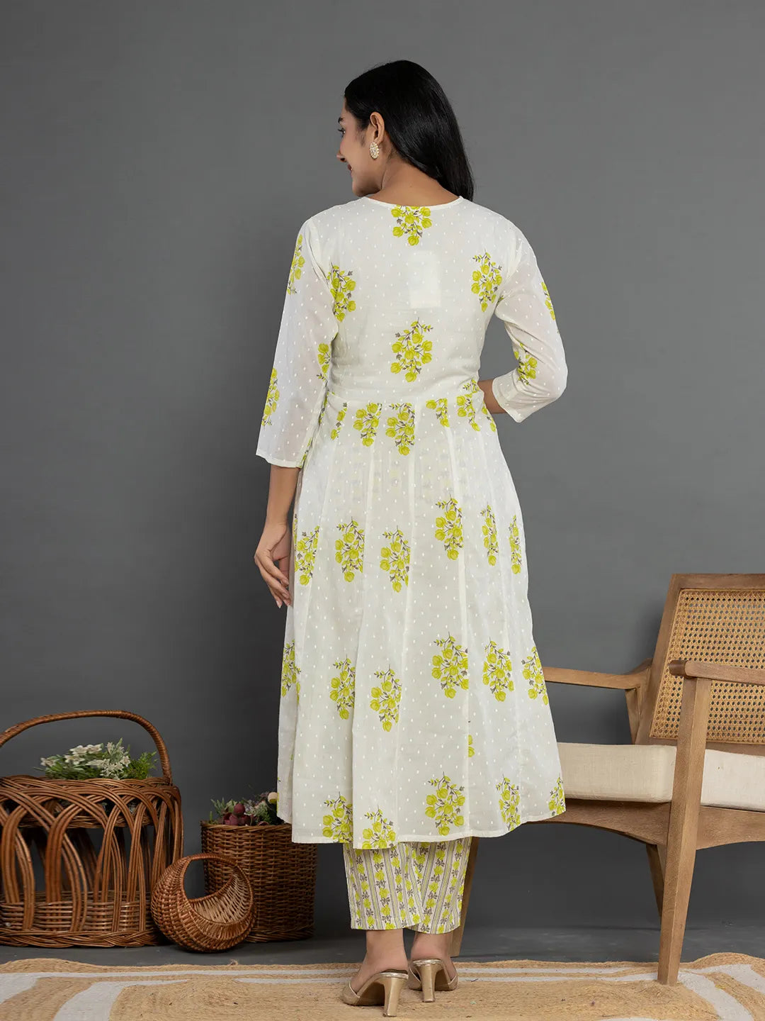 Yufta Green & White Gota_Patti Cotton Anarkali Kurta Dupatta Pant Set