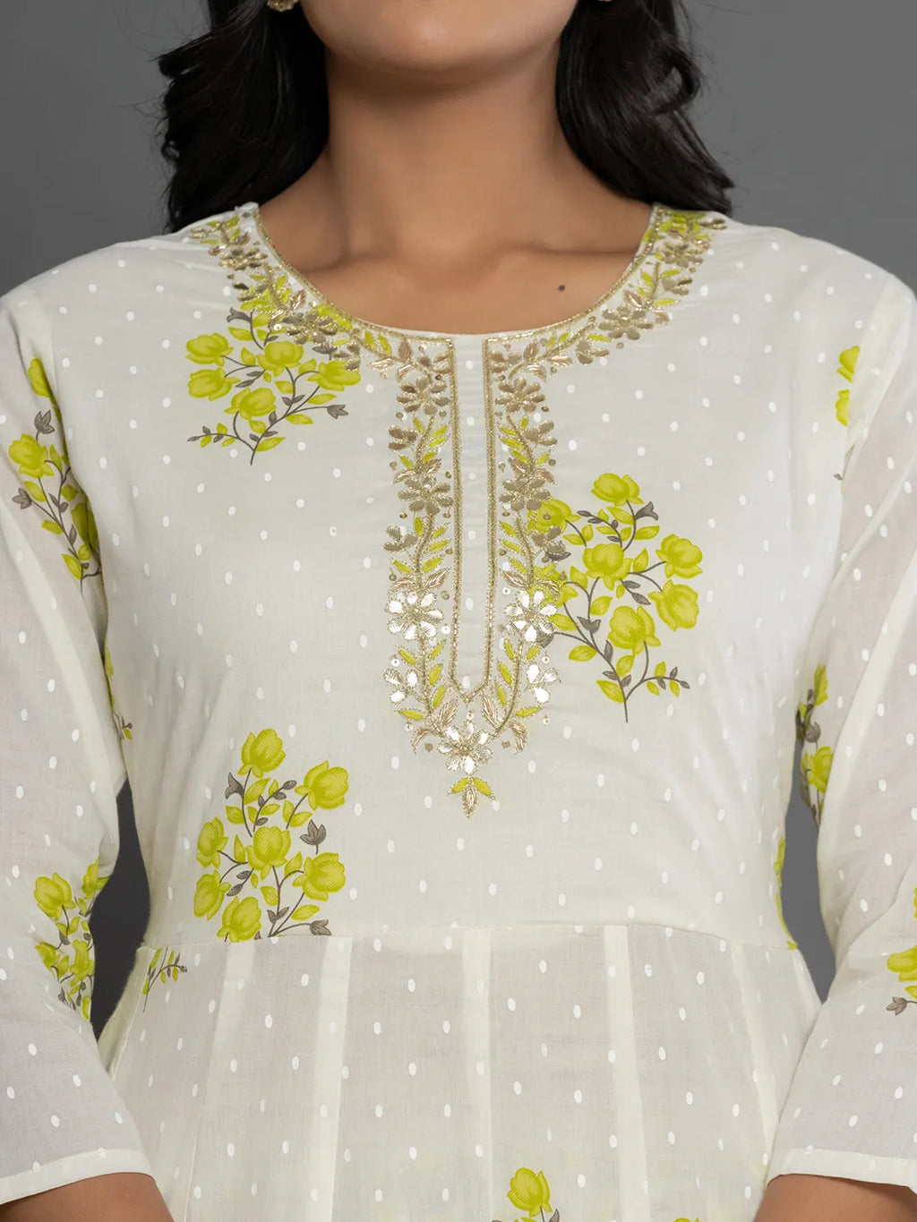 Yufta Green & White Gota_Patti Cotton Anarkali Kurta Dupatta Pant Set