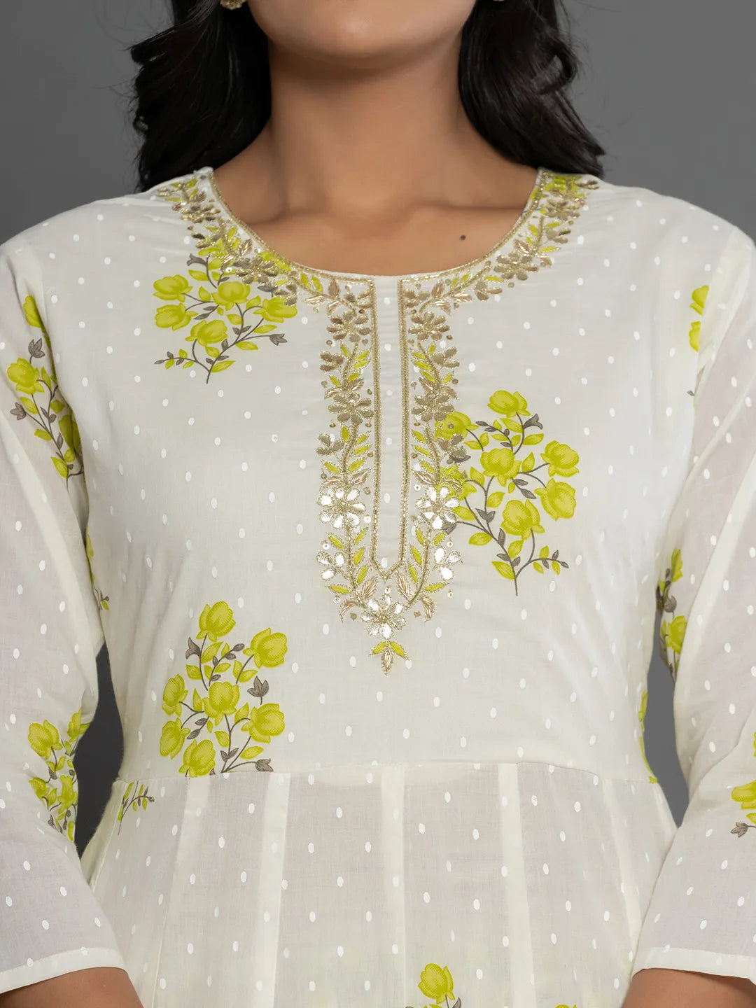 Yufta Green & White Gota_Patti Cotton Anarkali Kurta Dupatta Pant Set