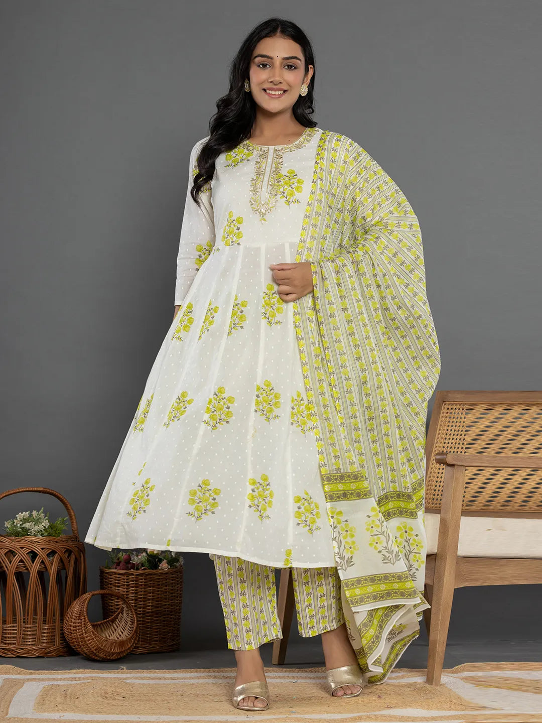 Yufta Green & White Gota_Patti Cotton Anarkali Kurta Dupatta Pant Set