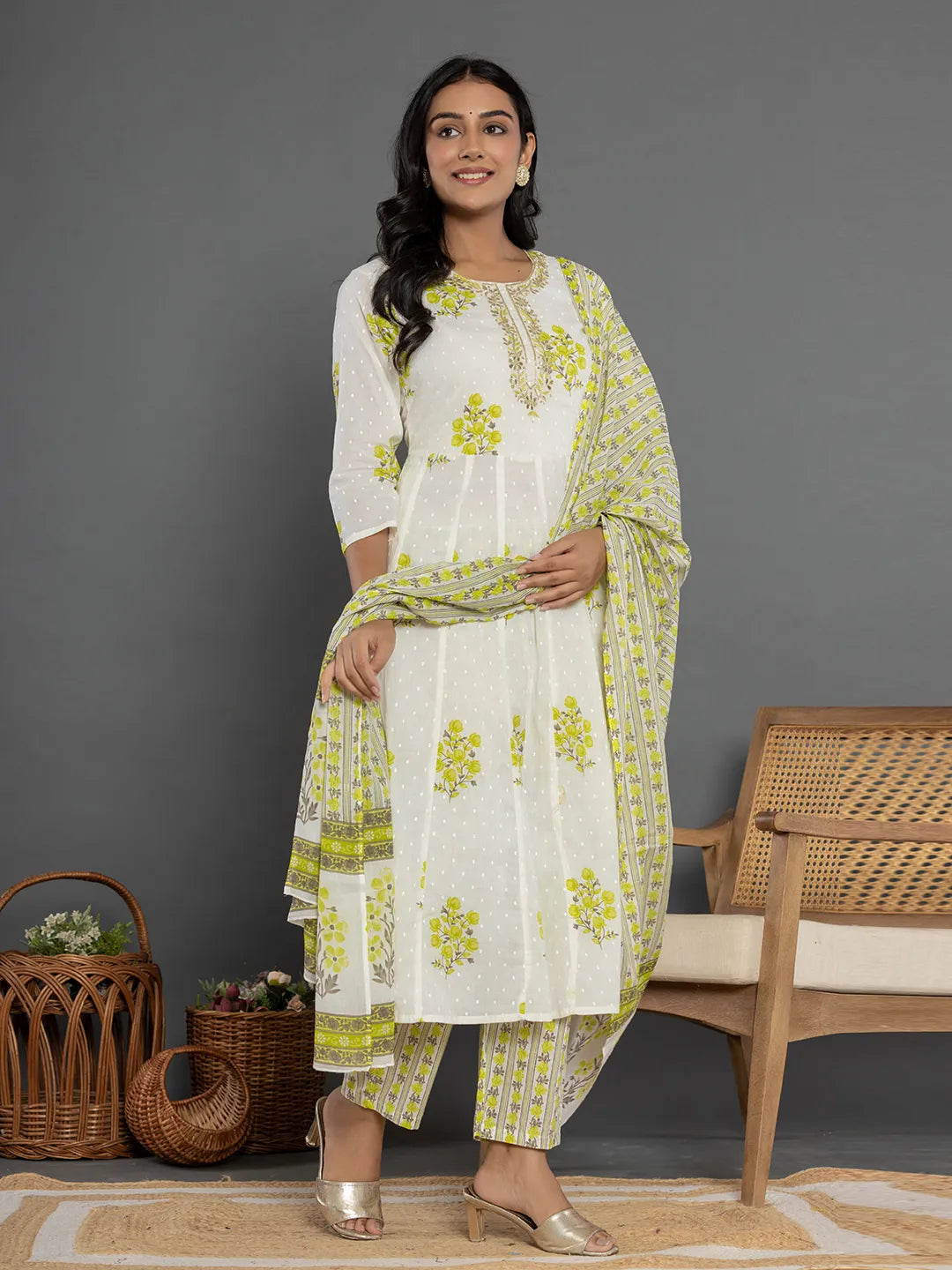Yufta Green & White Gota_Patti Cotton Anarkali Kurta Dupatta Pant Set
