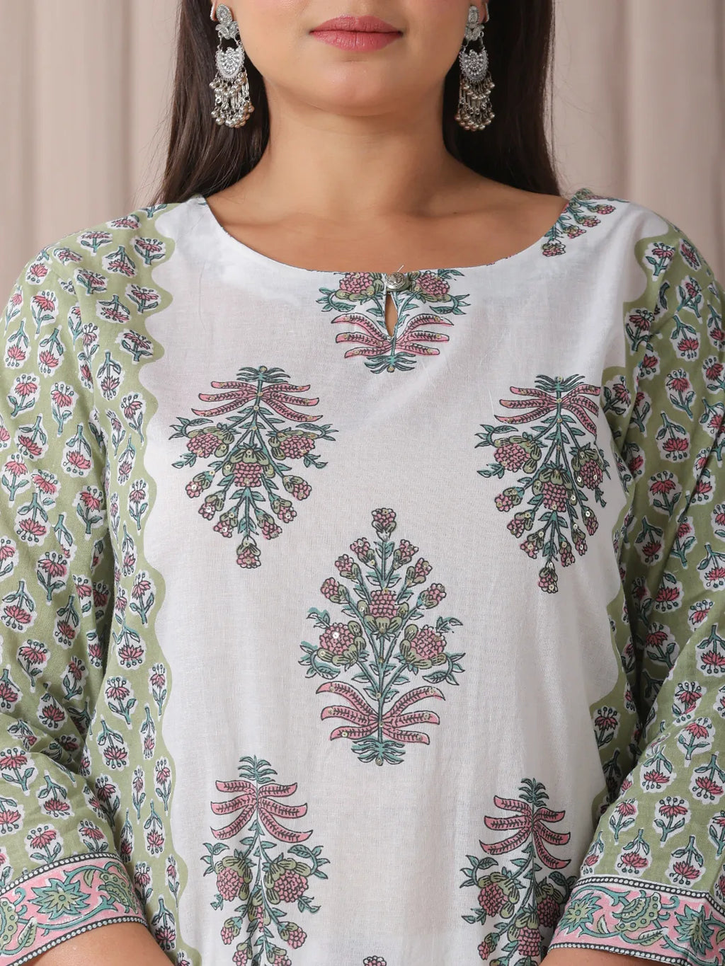 Yufta Green And White Hand Embroidery Cotton Plus Size Kurta Dupatta Set