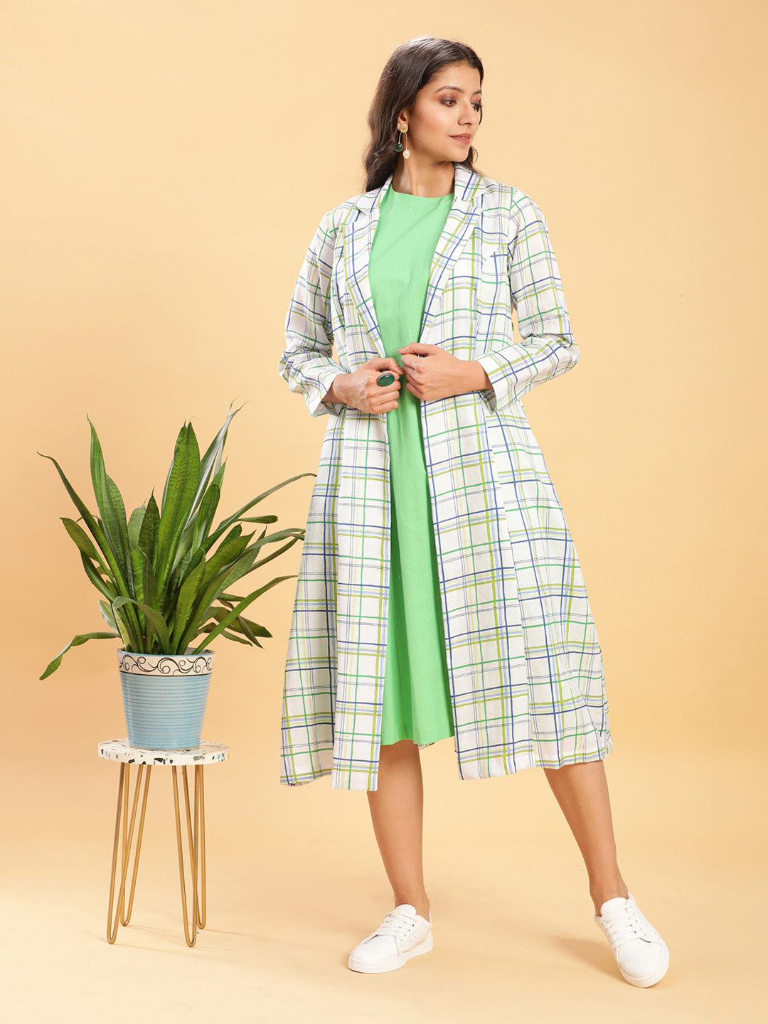 BohoJazz White Leaf Green Check Linen Jacket with Solid Linen Dress