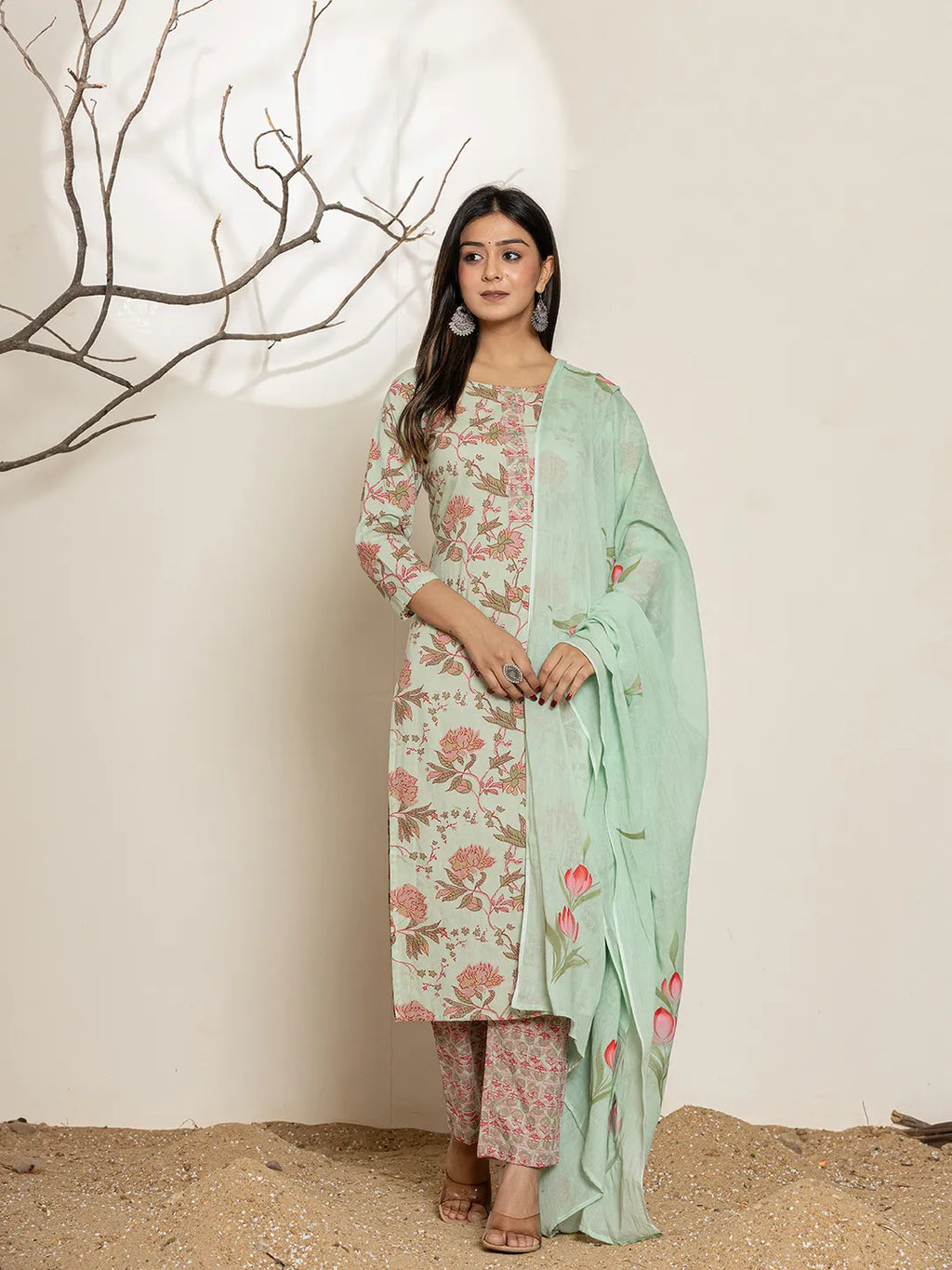 Yufta Green Cotton Floral Print Kurta Dupatta Set