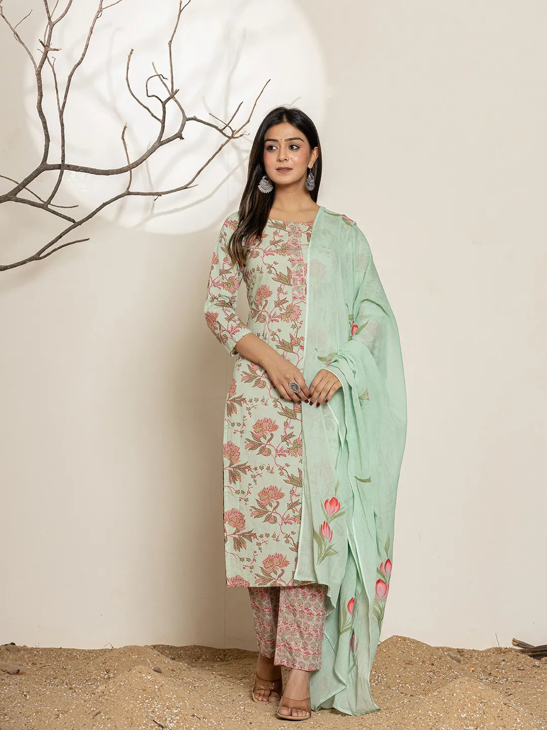 Yufta Green Cotton Floral Print Kurta Dupatta Set