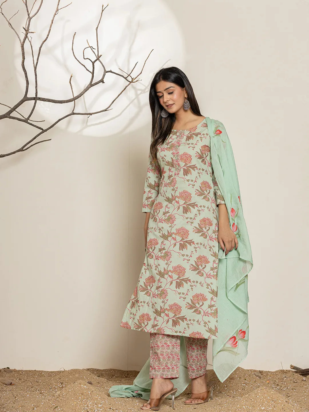 Yufta Green Cotton Floral Print Kurta Dupatta Set