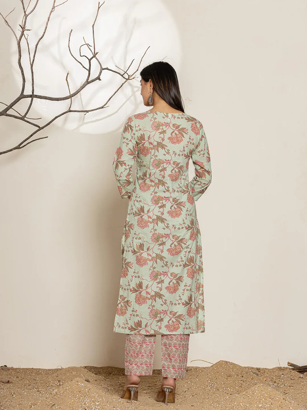 Yufta Green Cotton Floral Print Kurta Dupatta Set