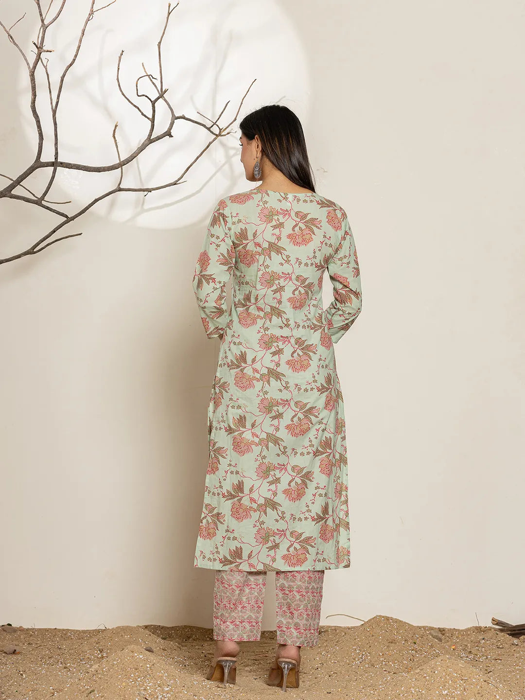 Yufta Green Cotton Floral Print Kurta Dupatta Set