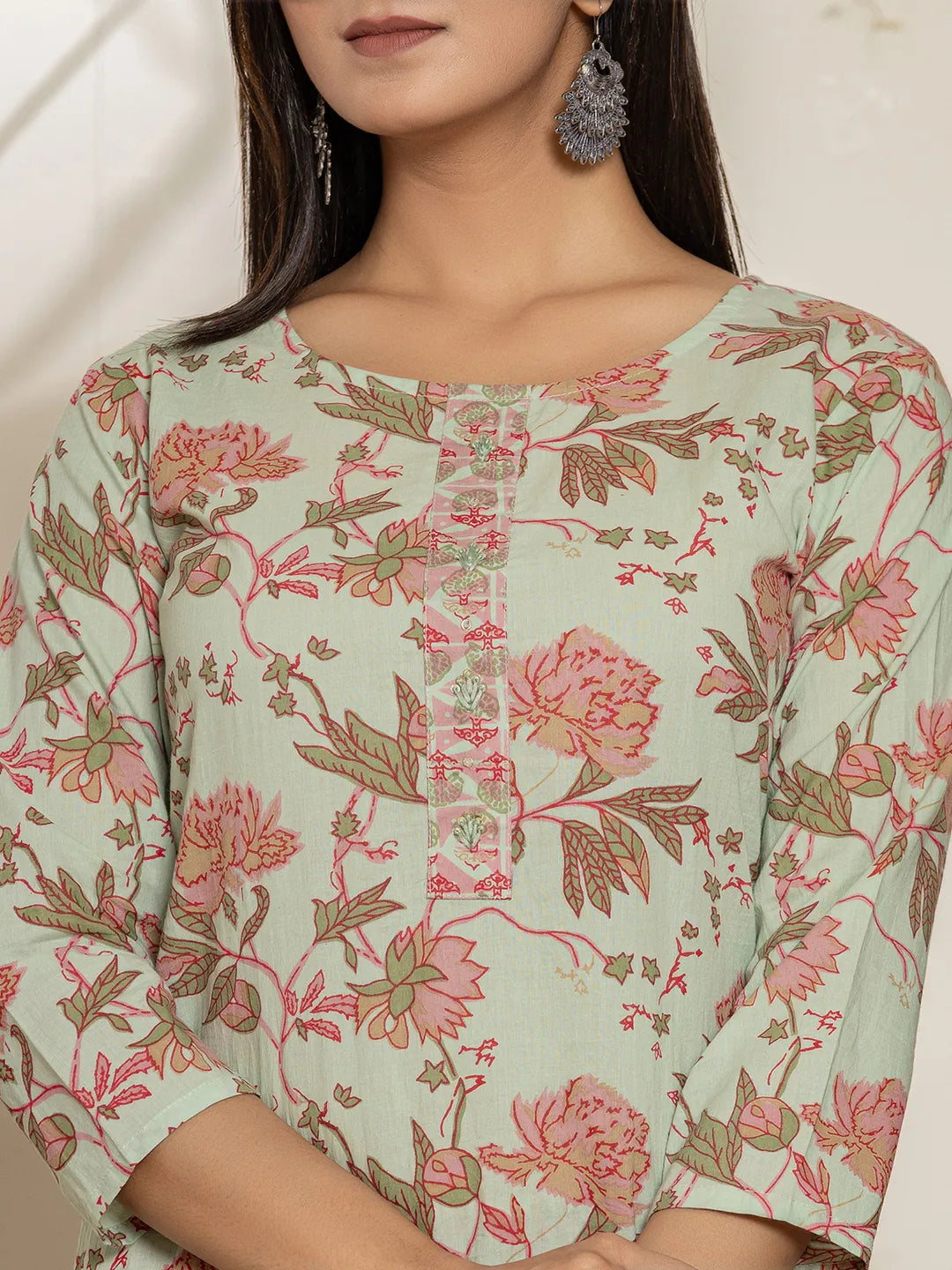 Yufta Green Cotton Floral Print Kurta Dupatta Set