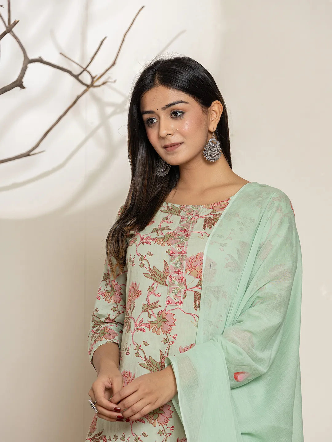Yufta Green Cotton Floral Print Kurta Dupatta Set