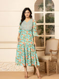 Yufta Teal Green Cotton Floral Print Tiered Dress With Ruffles