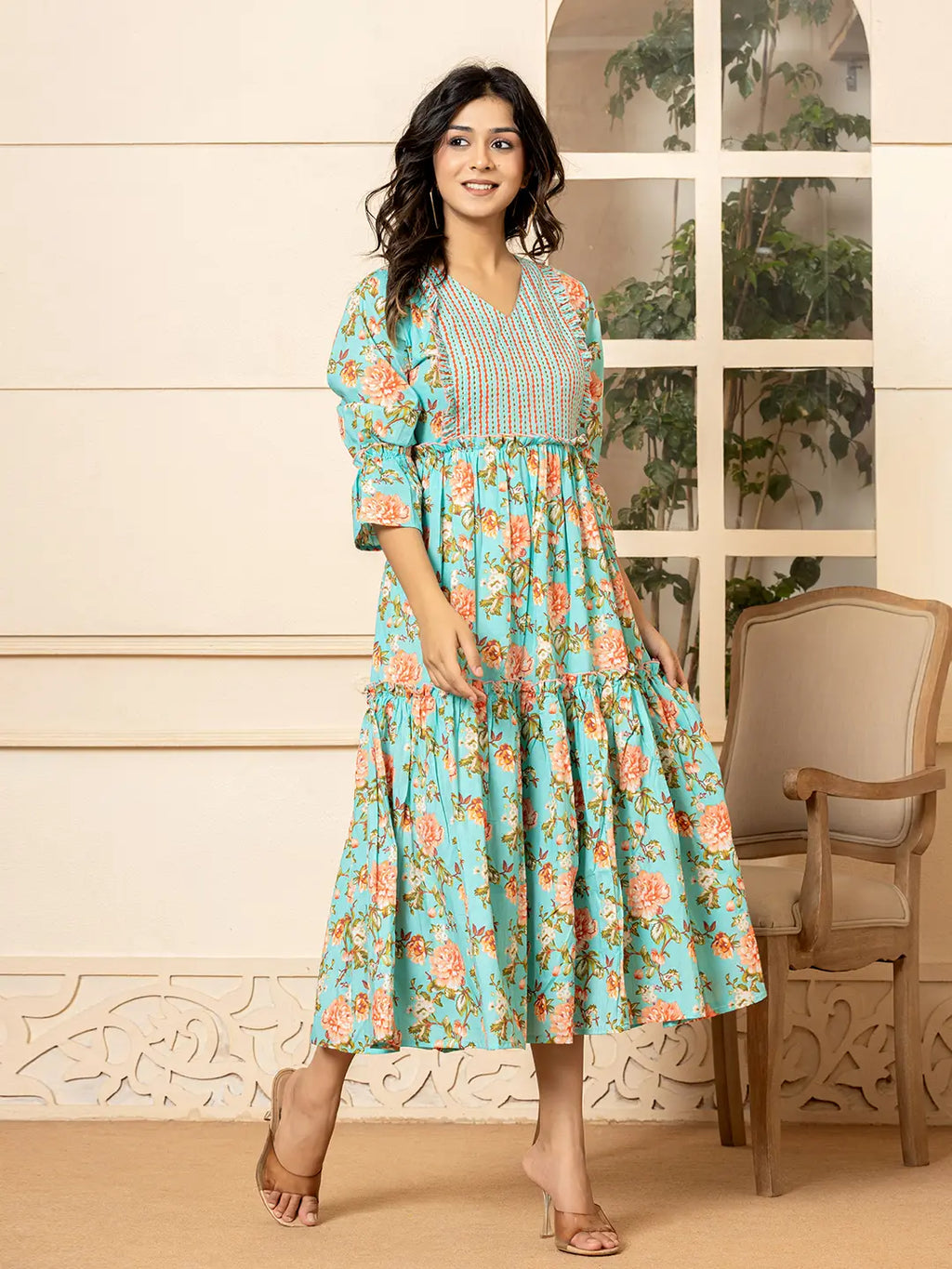 Yufta Teal Green Cotton Floral Print Tiered Dress With Ruffles