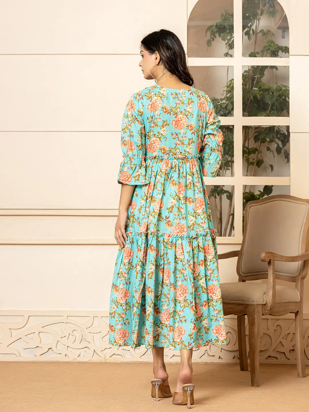 Yufta Teal Green Cotton Floral Print Tiered Dress With Ruffles