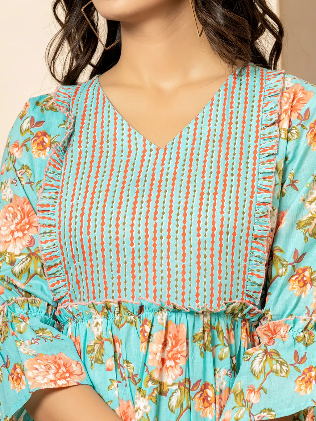 Yufta Teal Green Cotton Floral Print Tiered Dress With Ruffles