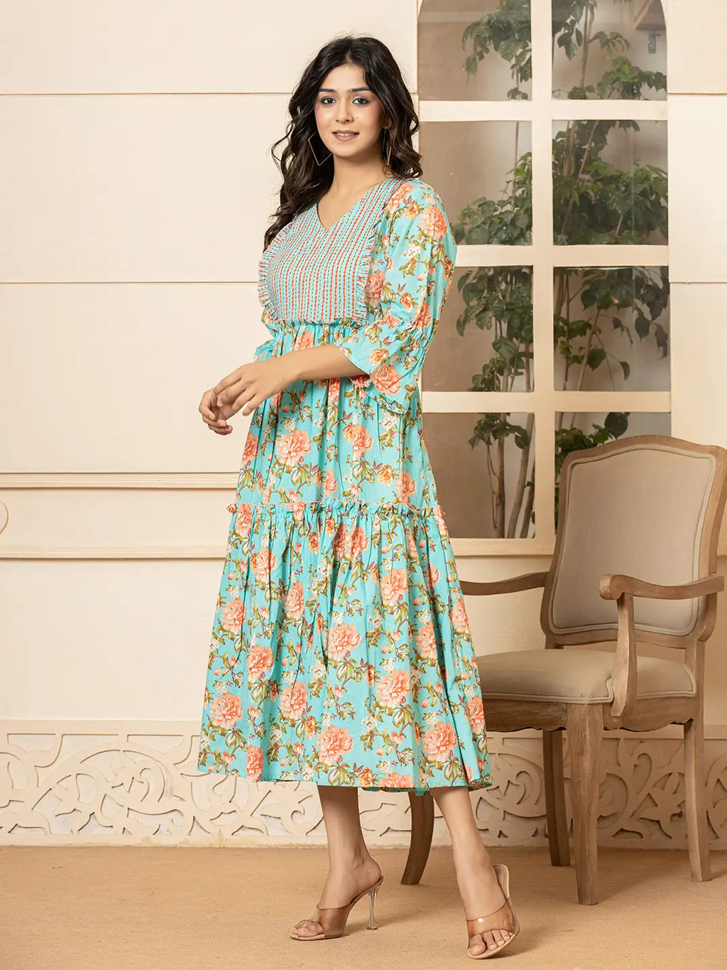 Yufta Teal Green Cotton Floral Print Tiered Dress With Ruffles