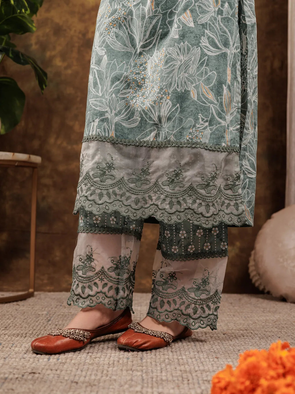 Yufta Green Cotton Kurta Dupatta Set With Lace Detailing