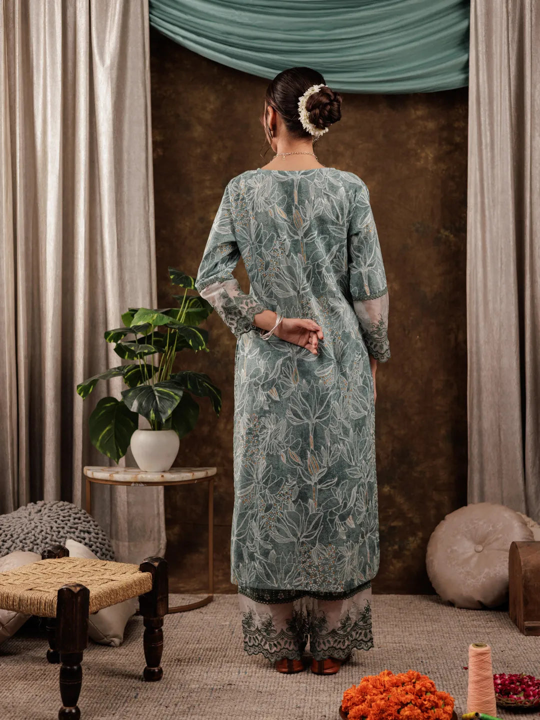 Yufta Green Cotton Kurta Dupatta Set With Lace Detailing