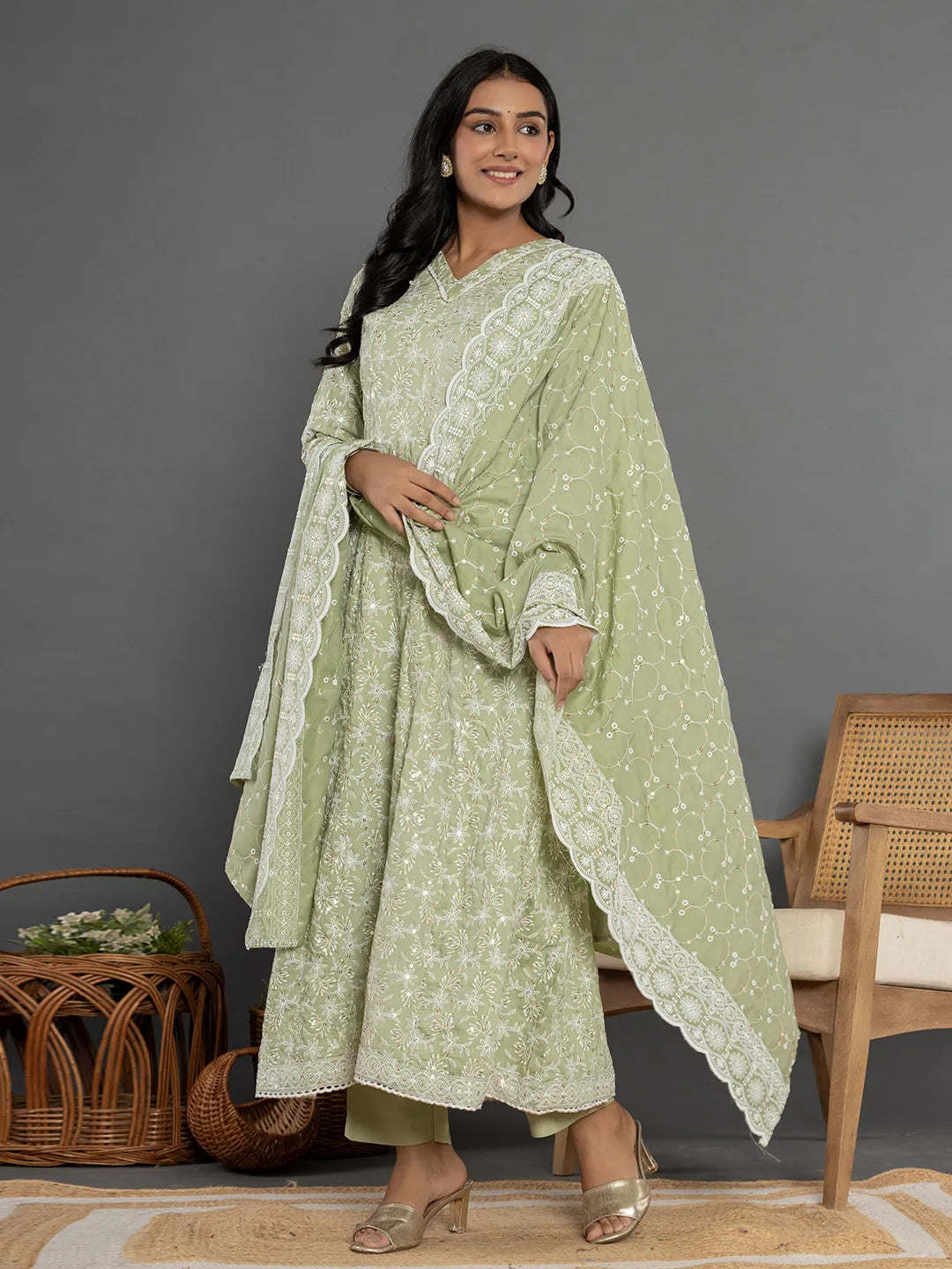 Yufta Green Cotton Silk Embroidered Anarkali Kurta Dupatta Set