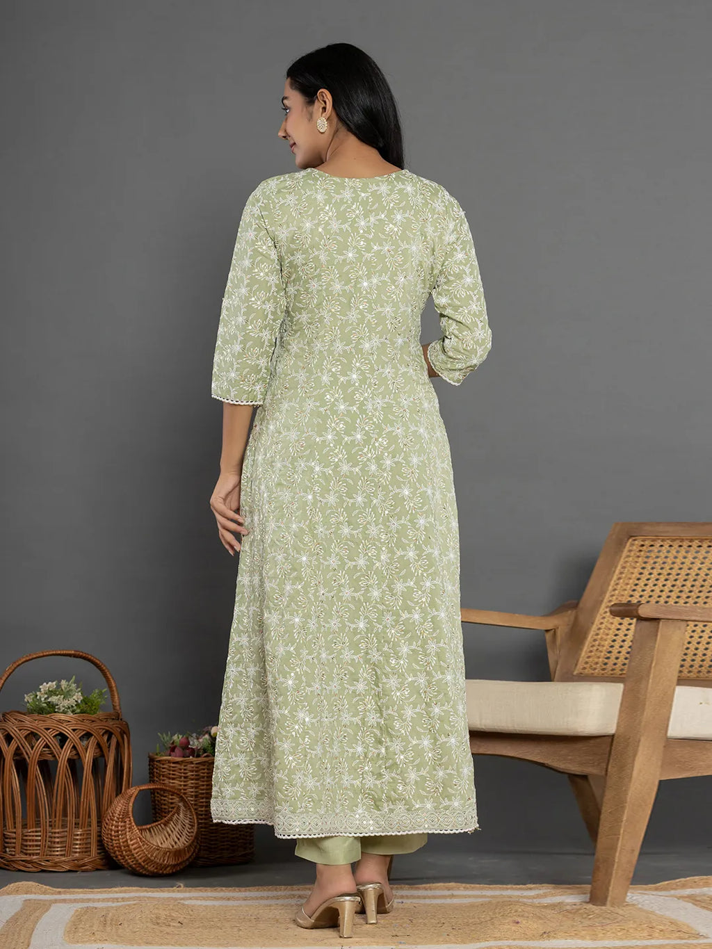 Yufta Green Cotton Silk Embroidered Anarkali Kurta Dupatta Set