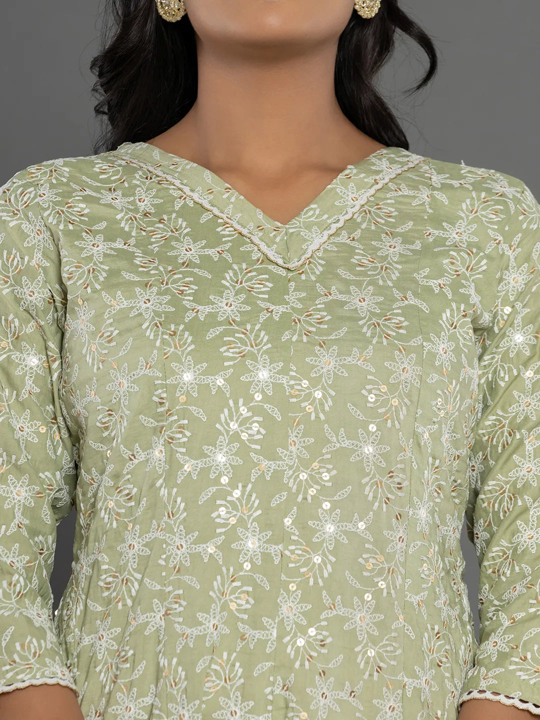 Yufta Green Cotton Silk Embroidered Anarkali Kurta Dupatta Set