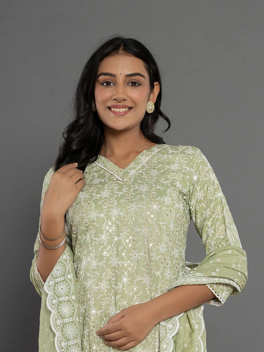 Yufta Green Cotton Silk Embroidered Anarkali Kurta Dupatta Set