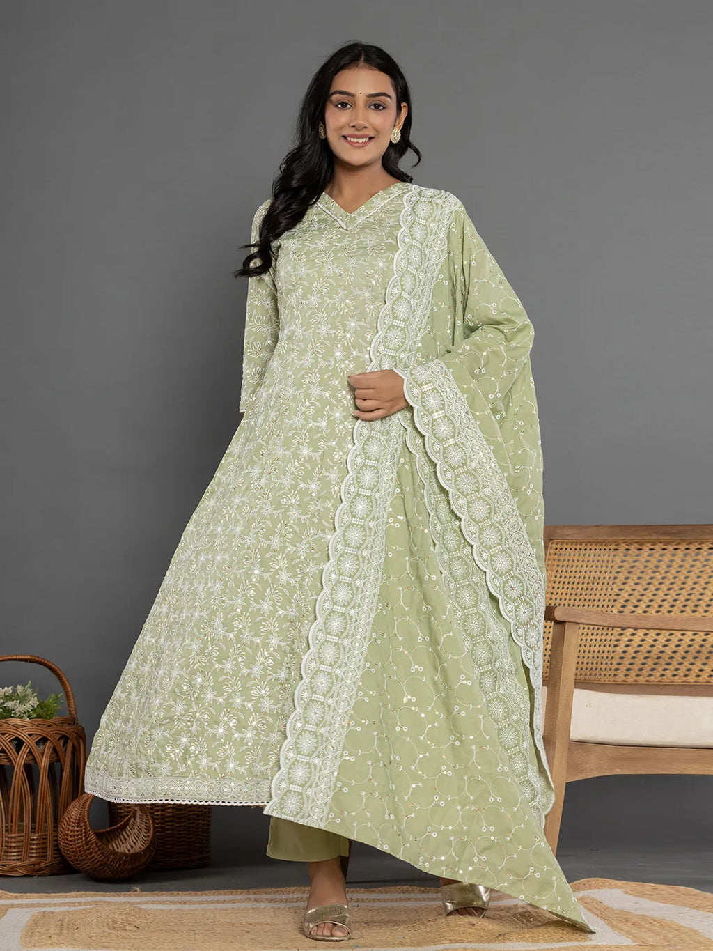 Yufta Green Cotton Silk Embroidered Anarkali Kurta Dupatta Set