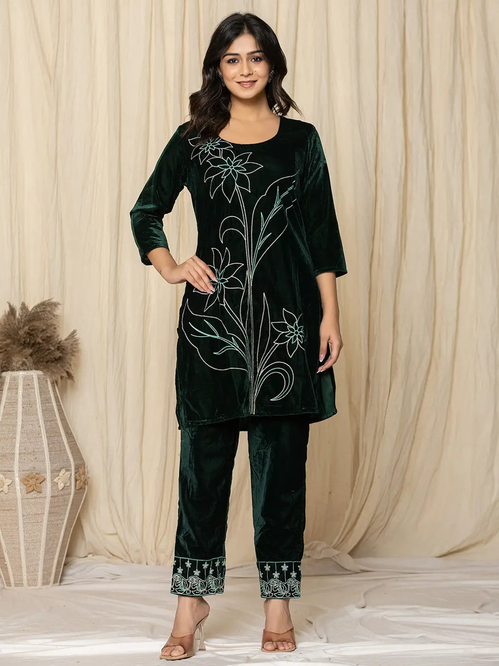 Yufta Green Embroidered Velvet Co-Ord Set