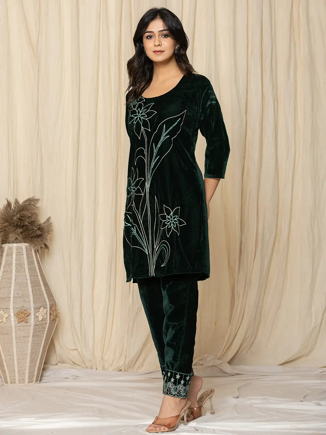 Yufta Green Embroidered Velvet Co-Ord Set