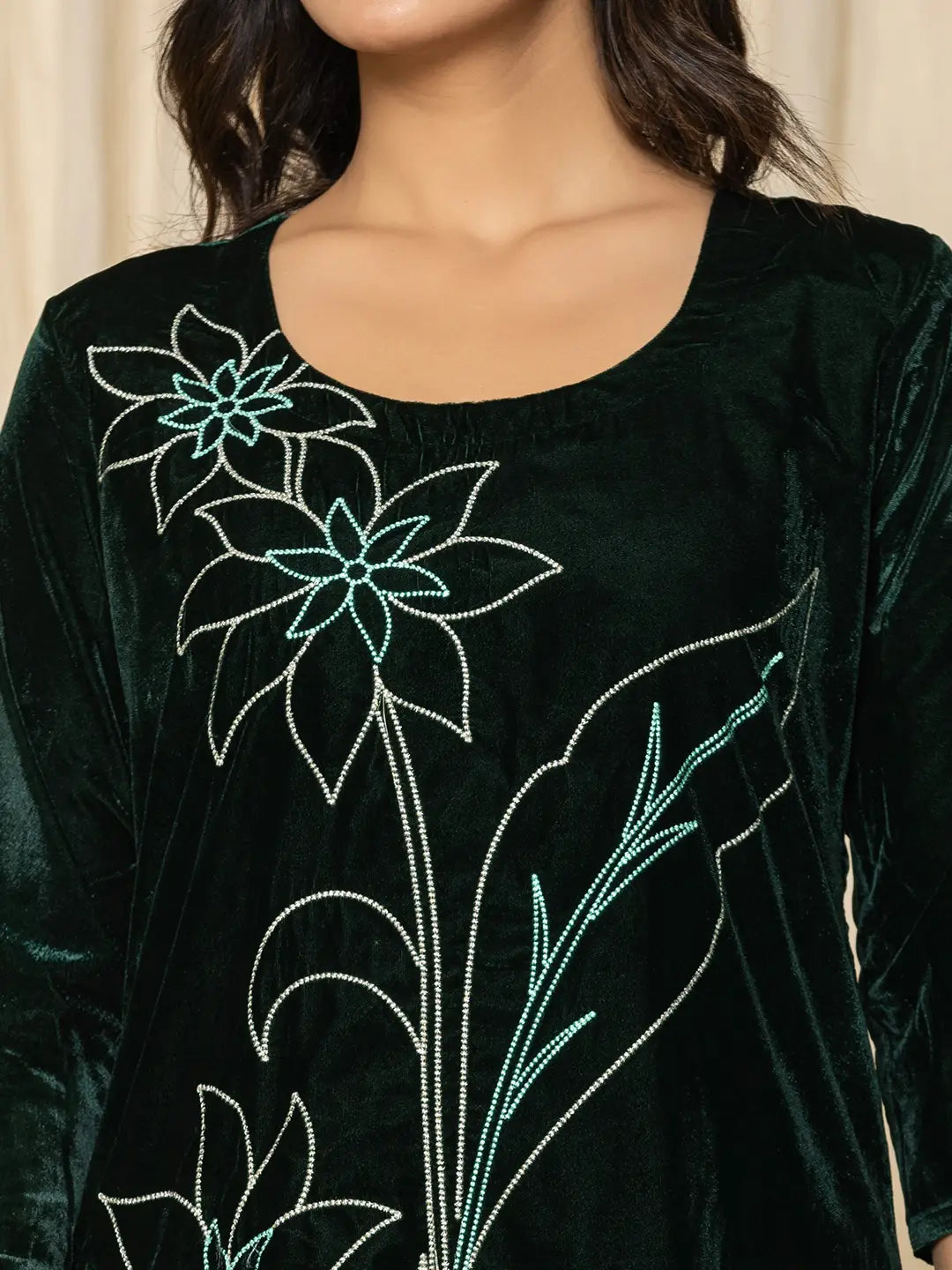 Yufta Green Embroidered Velvet Co-Ord Set