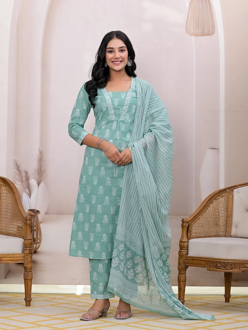 Yufta Green Floral Cotton A-Line Suit Set