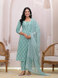 Yufta Green Floral Cotton A-Line Suit Set