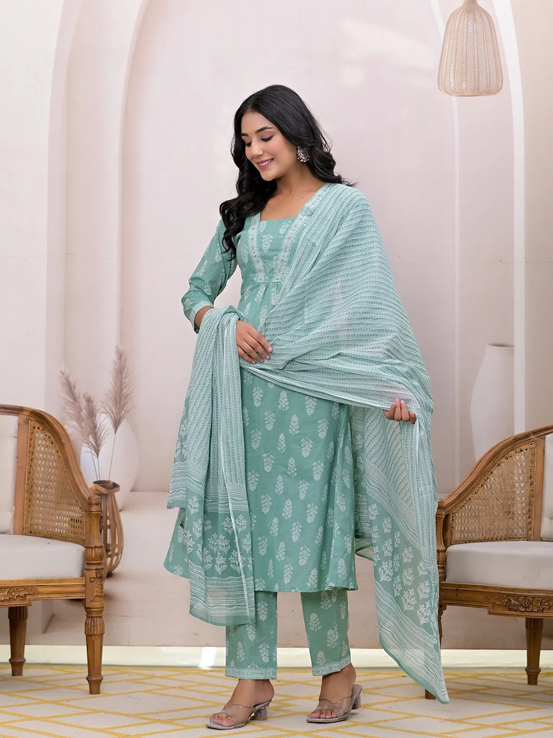 Yufta Green Floral Cotton A-Line Suit Set