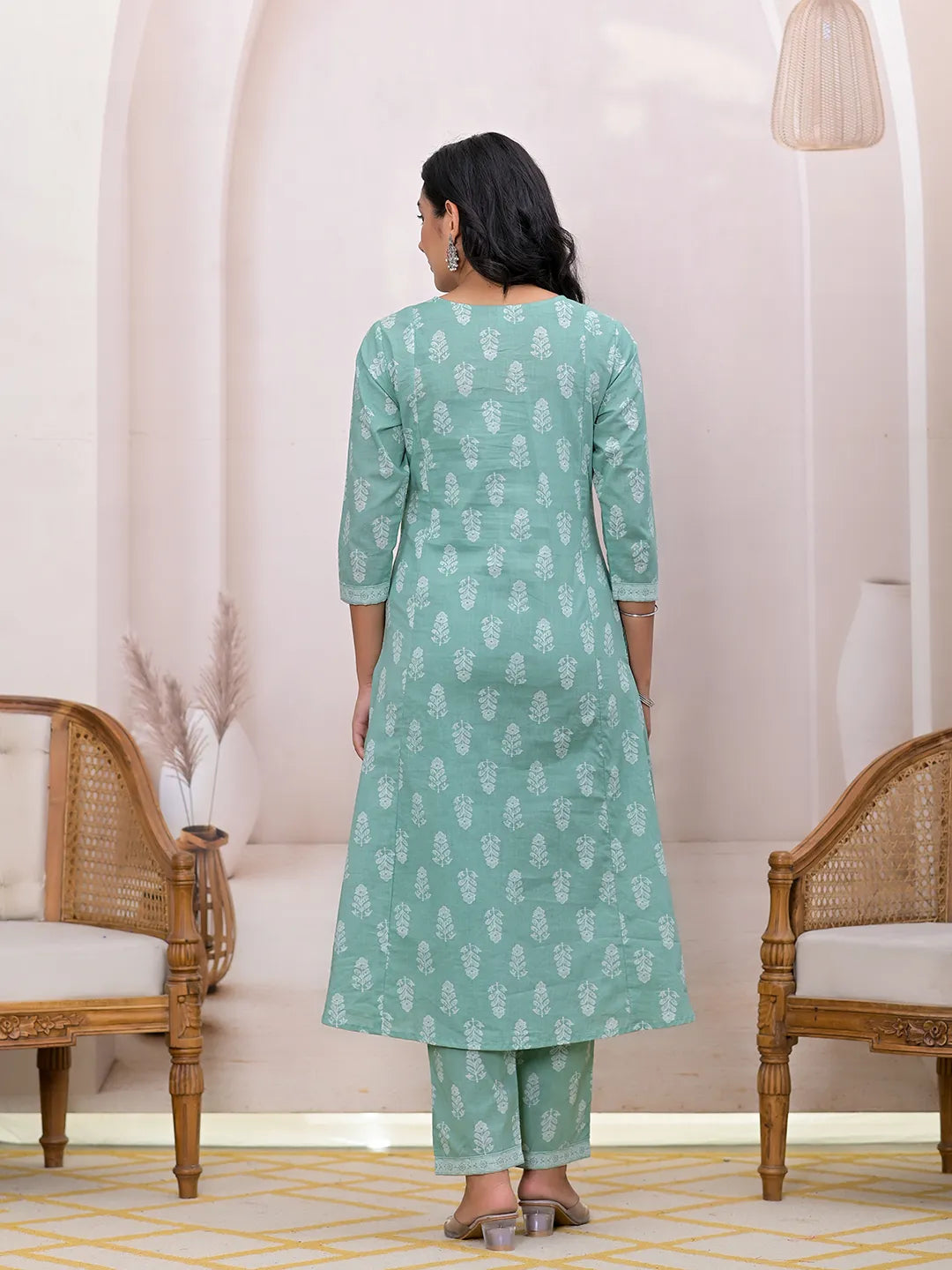 Yufta Green Floral Cotton A-Line Suit Set