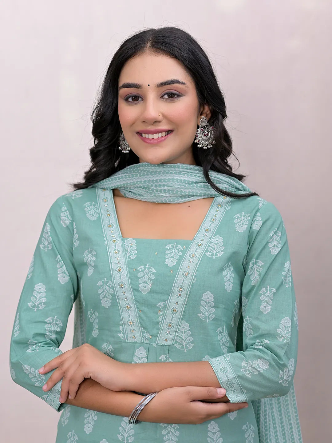 Yufta Green Floral Cotton A-Line Suit Set