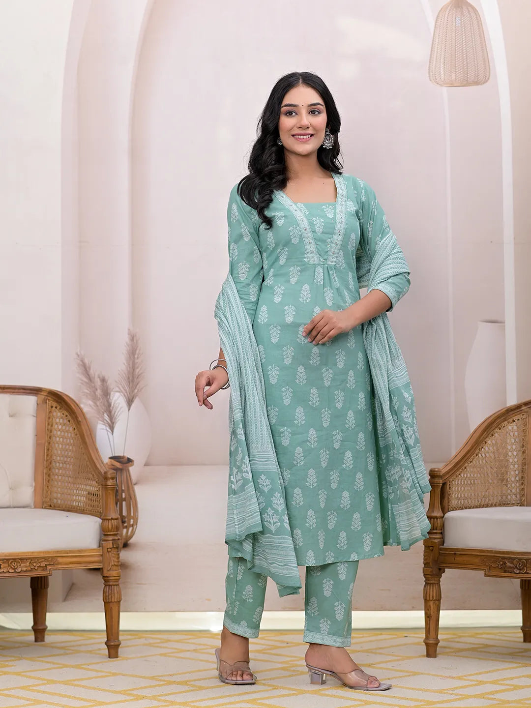 Yufta Green Floral Cotton A-Line Suit Set