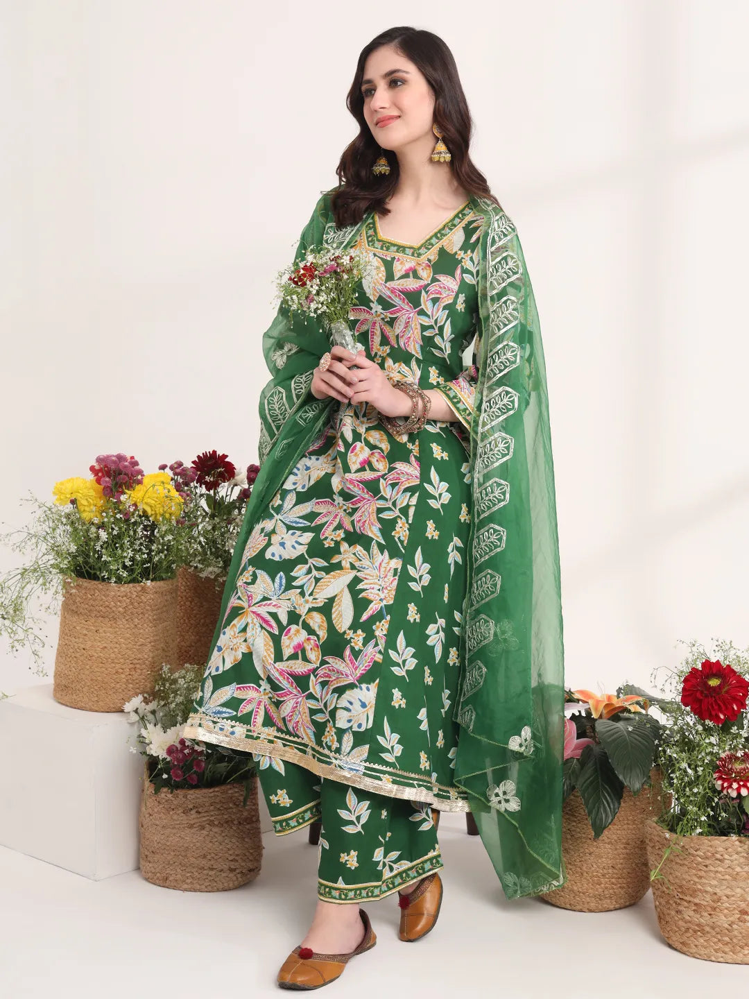 Yufta Green Floral Print A-Line Kurta Trouser And Dupatta Set